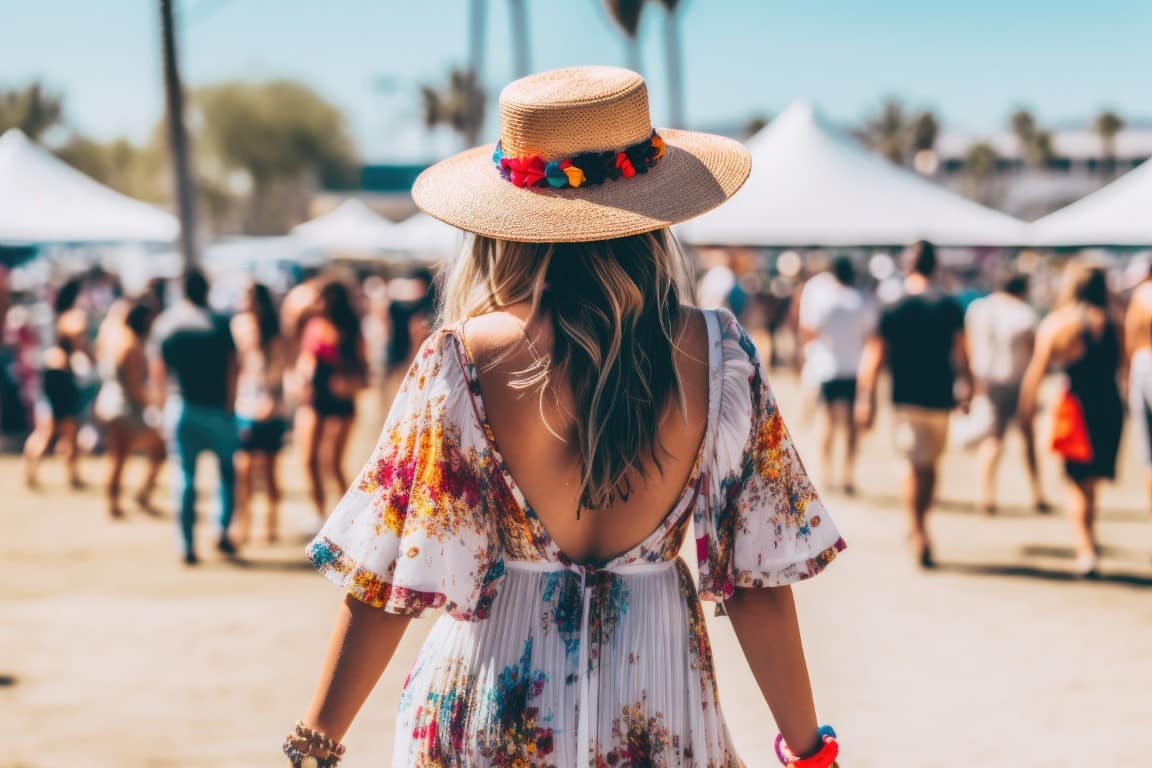 Robe longue ample et chapeau pour un look Coachella réussi